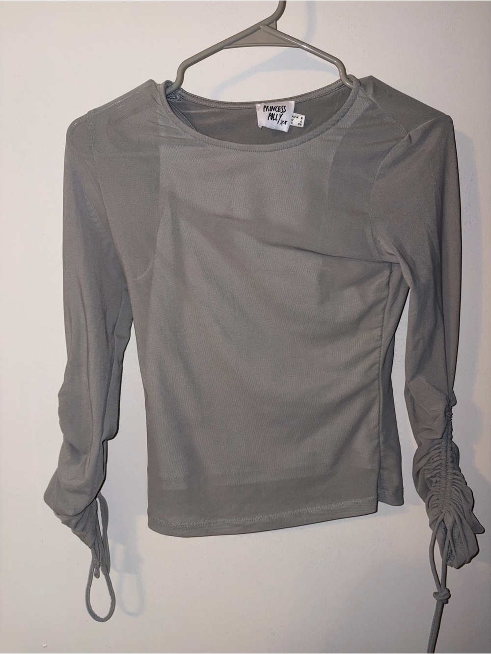 Princess Polly Light Gray Sheer Ruched-Sleeve Long Sleeve Top